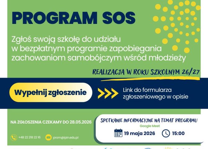 Program SOS Zgłoś swoją szkołę do udziału w bezpłatnym programie zapobiegania zachowaniom samobójczym wśród młodzieży