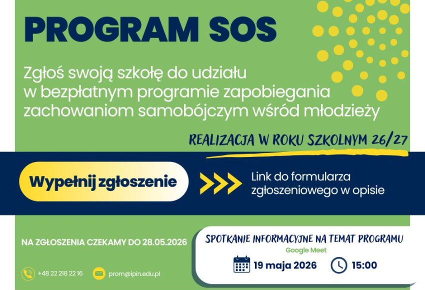 Program SOS Zgłoś swoją szkołę do udziału w bezpłatnym programie zapobiegania zachowaniom samobójczym wśród młodzieży